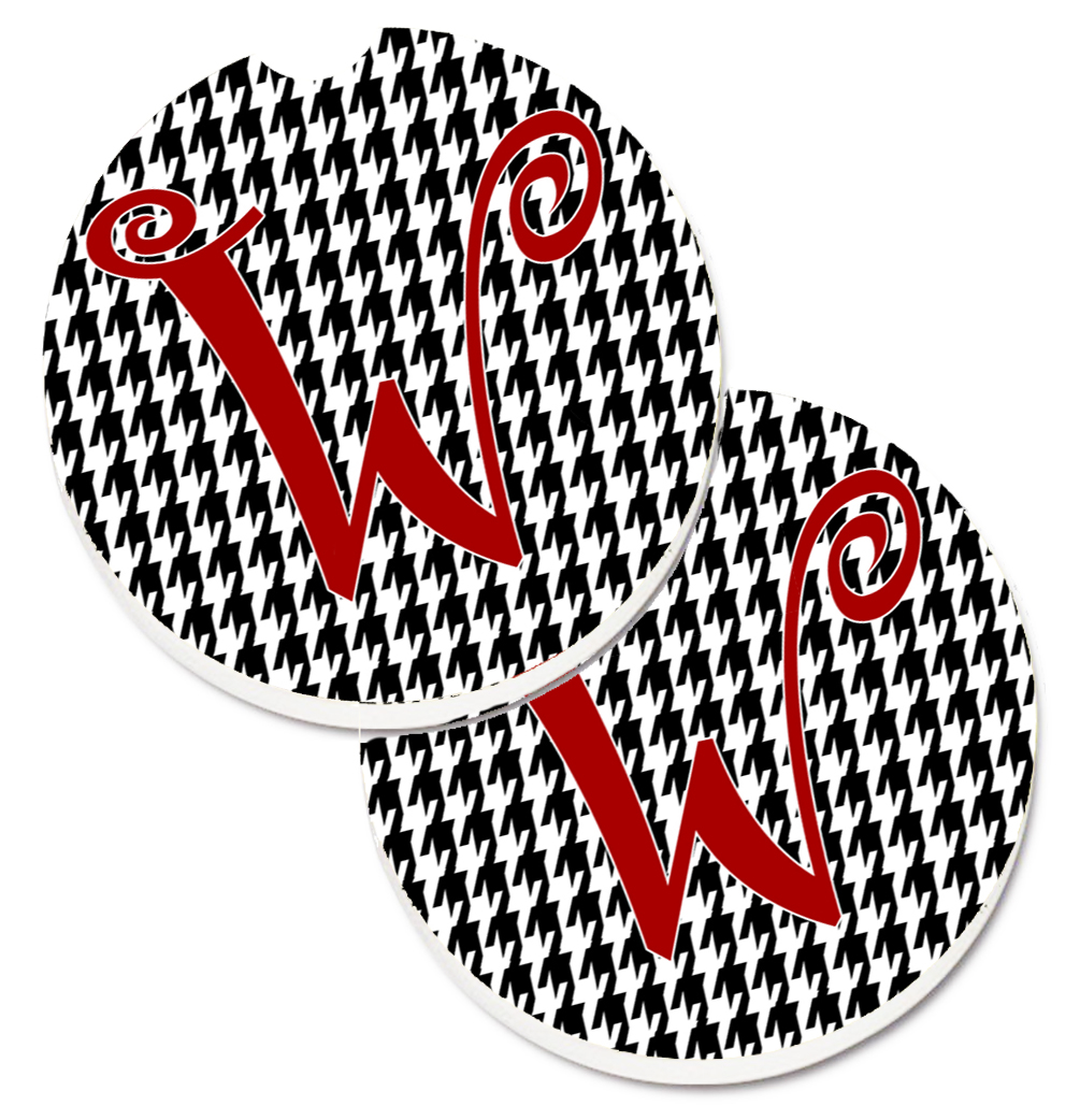 CJ1035-WCARC Monogram Initial W Houndstooth Black Set of 2 Cup Holder Car Coaster