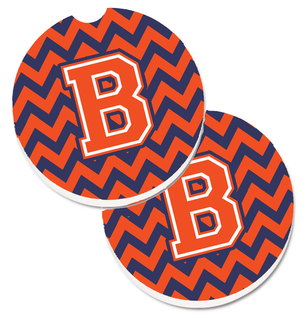 CJ1042-BCARC Letter B Chevron Orange & Blue Set of 2 Cup Holder Car Coaster