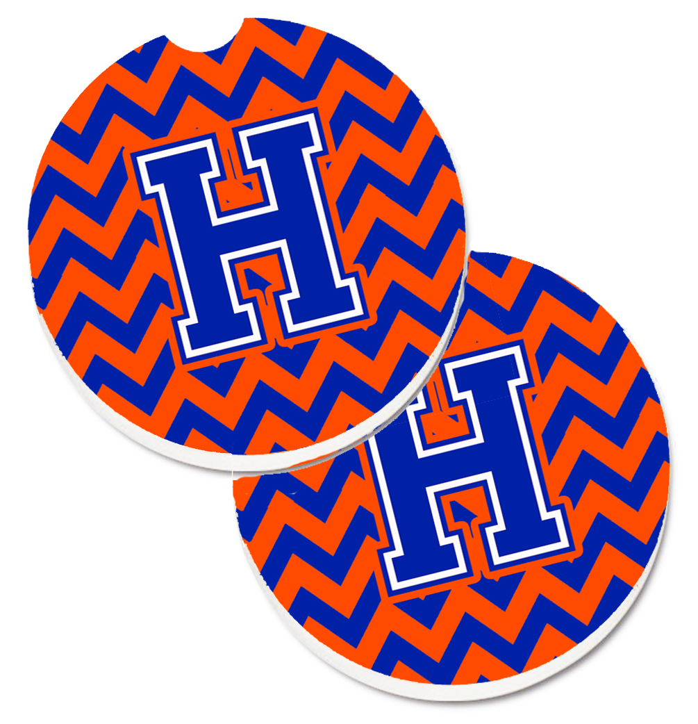 Letter H Chevron Orange & Blue Set of 2 Cup Holder Car Coaster