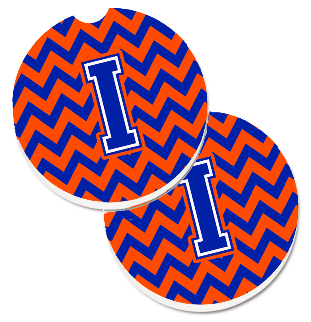 Letter I Chevron Orange & Blue Set of 2 Cup Holder Car Coaster
