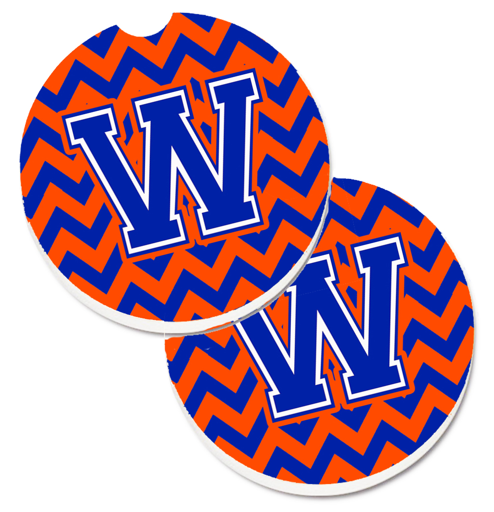 Letter W Chevron Orange & Blue Set of 2 Cup Holder Car Coaster