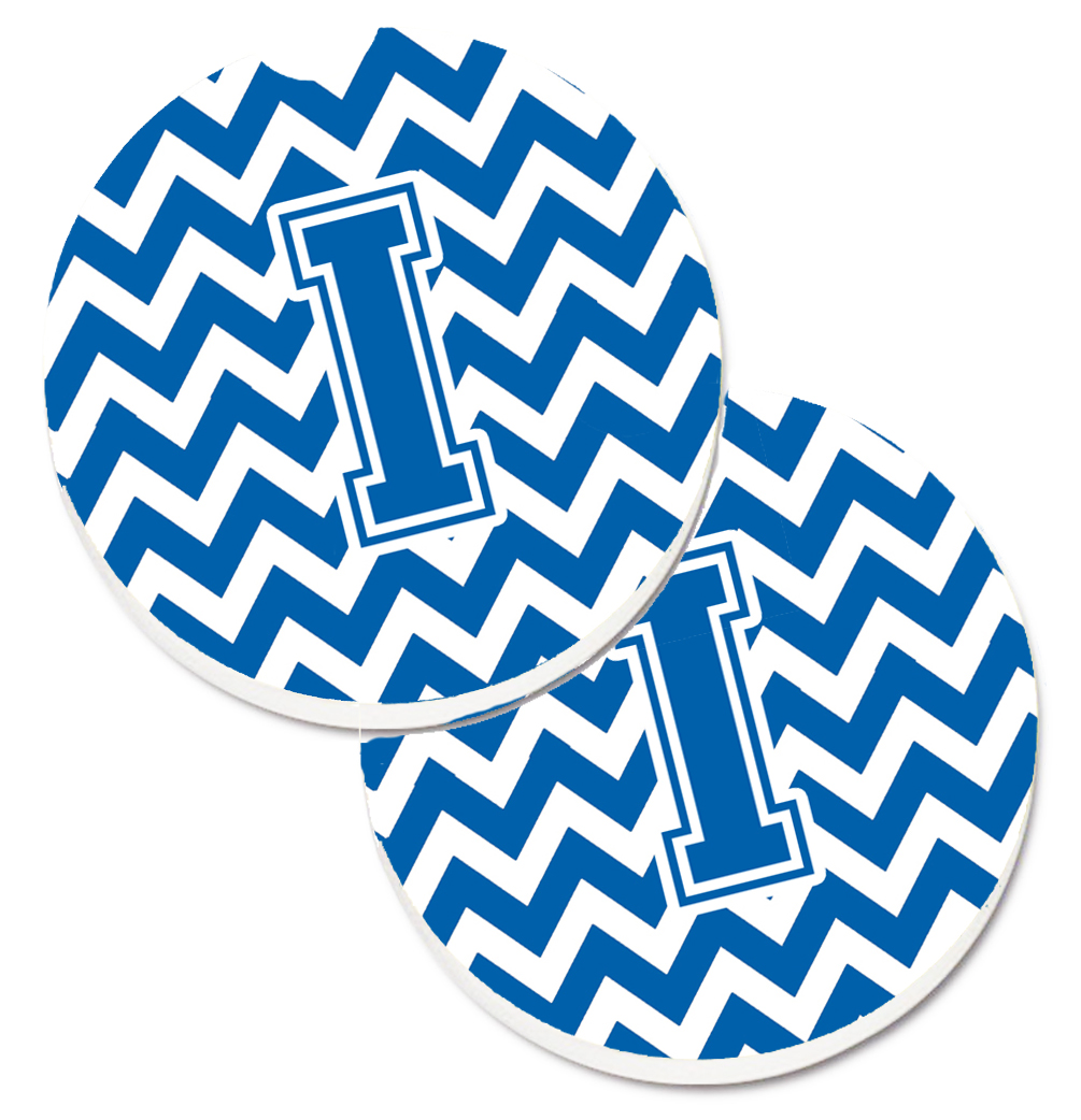 Letter I Chevron Blue & White Set of 2 Cup Holder Car Coaster
