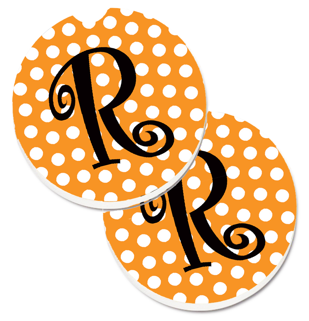 CJ1033-RCARC Monogram Initial R Orange Polkadots Set of 2 Cup Holder Car Coaster