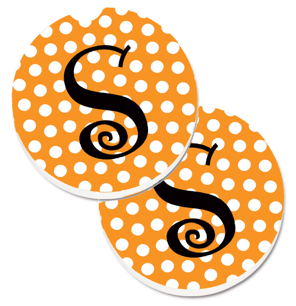 Monogram Initial S Orange Polkadots Set of 2 Cup Holder Car Coaster