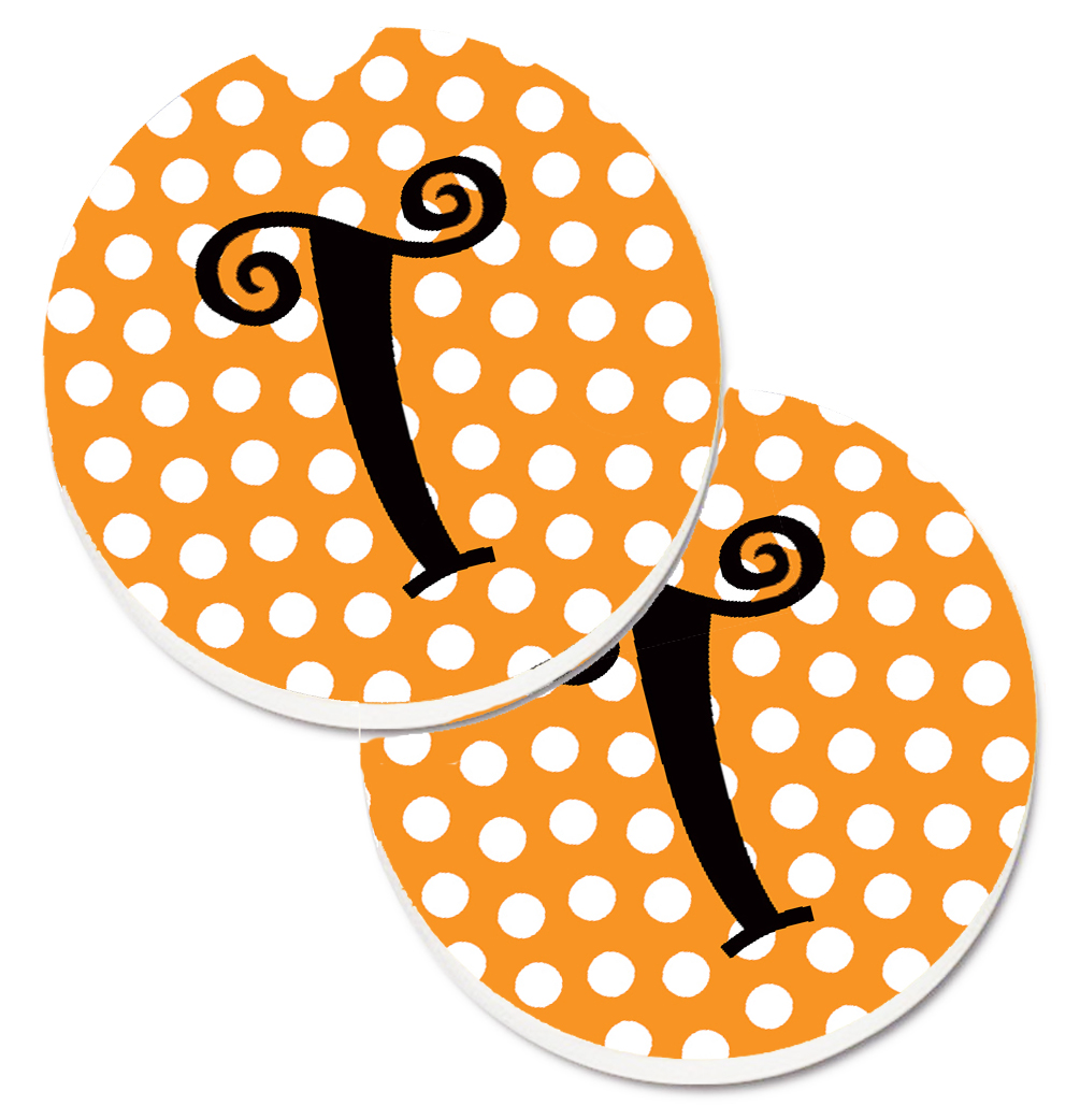 CJ1033-TCARC Monogram Initial T Orange Polkadots Set of 2 Cup Holder Car Coaster