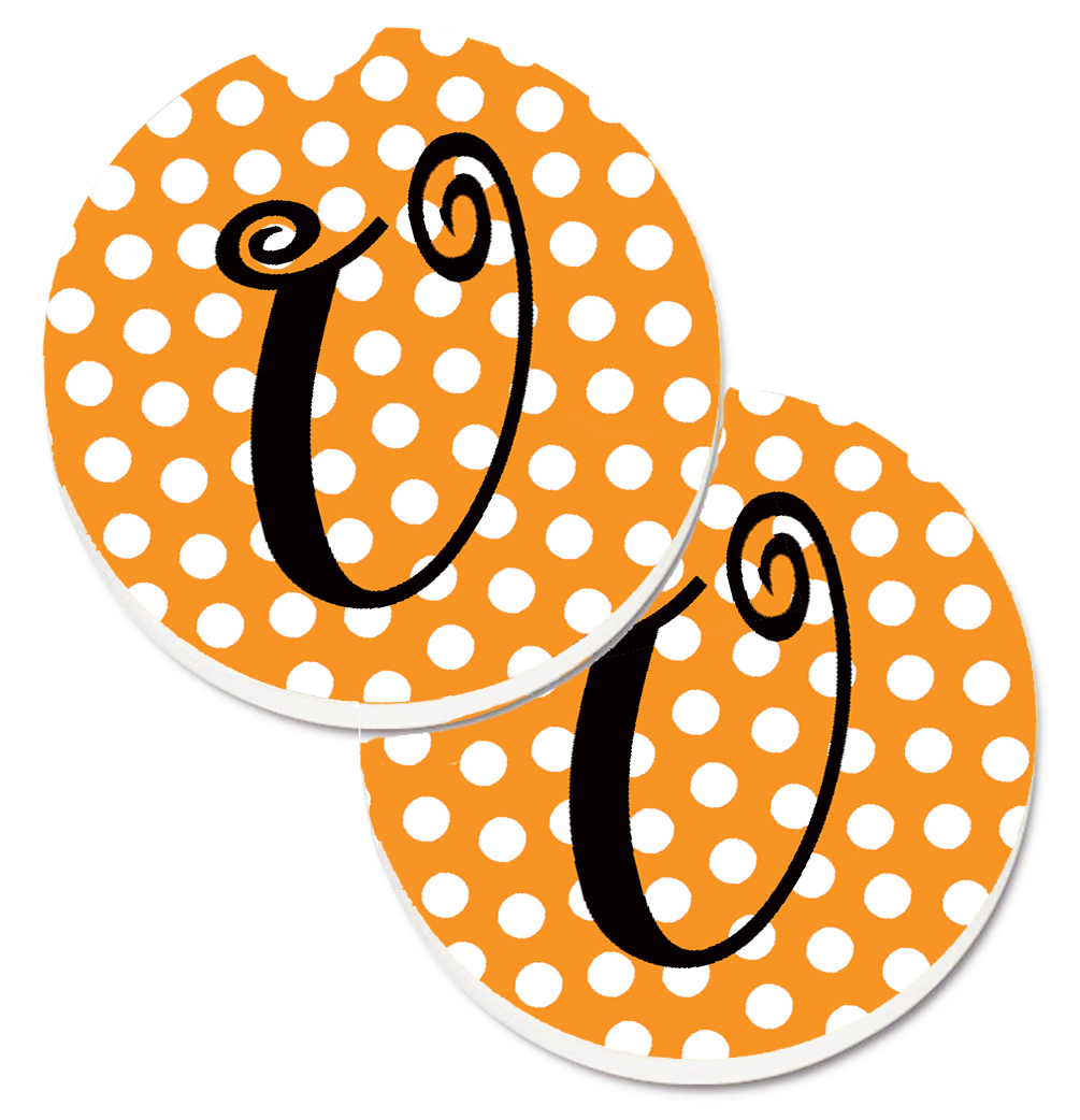 CJ1033-UCARC Monogram Initial U Orange Polkadots Set of 2 Cup Holder Car Coaster