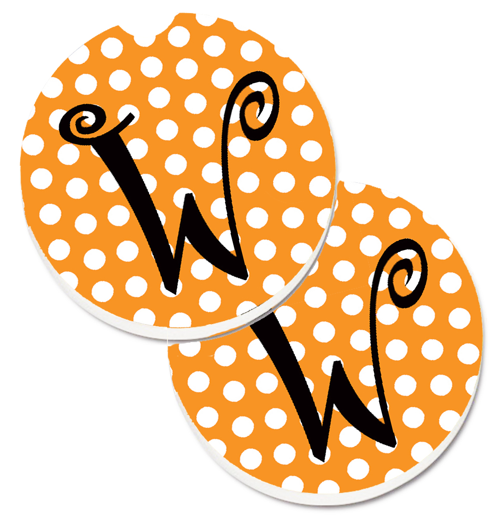 CJ1033-WCARC Monogram Initial W Orange Polkadots Set of 2 Cup Holder Car Coaster