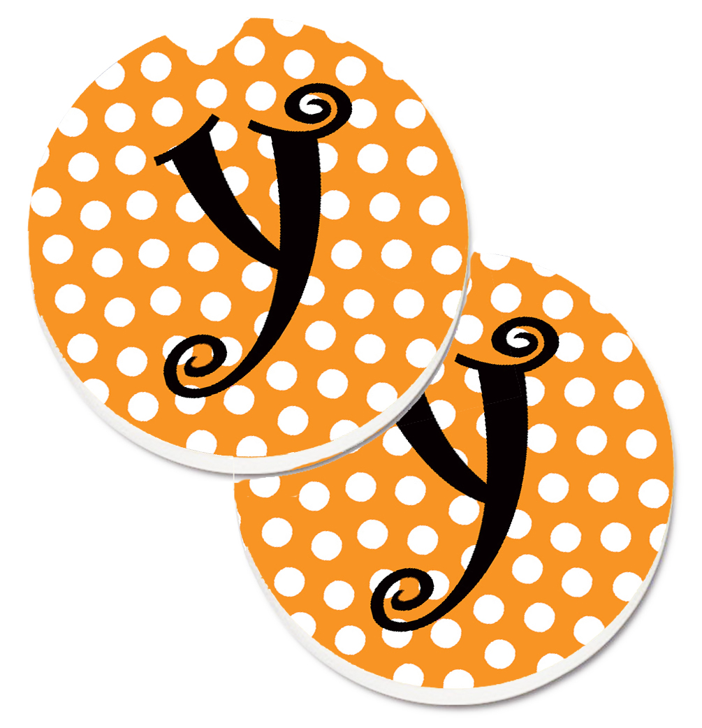 CJ1033-YCARC Monogram Initial Y Orange Polkadots Set of 2 Cup Holder Car Coaster