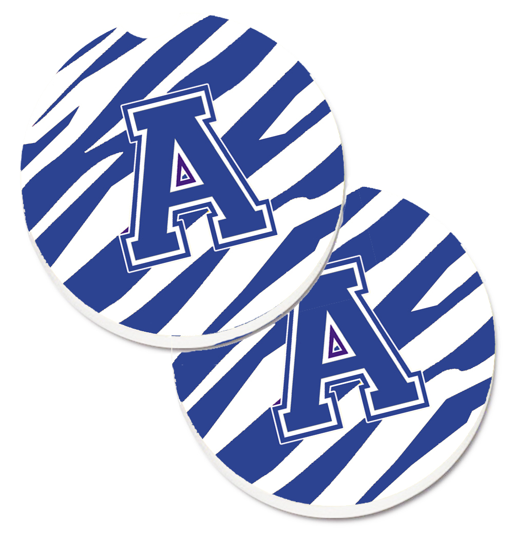 CJ1034-ACARC Letter A Monogram Blue & White Tiger Stripe Set of 2 Cup Holder Car Coaster