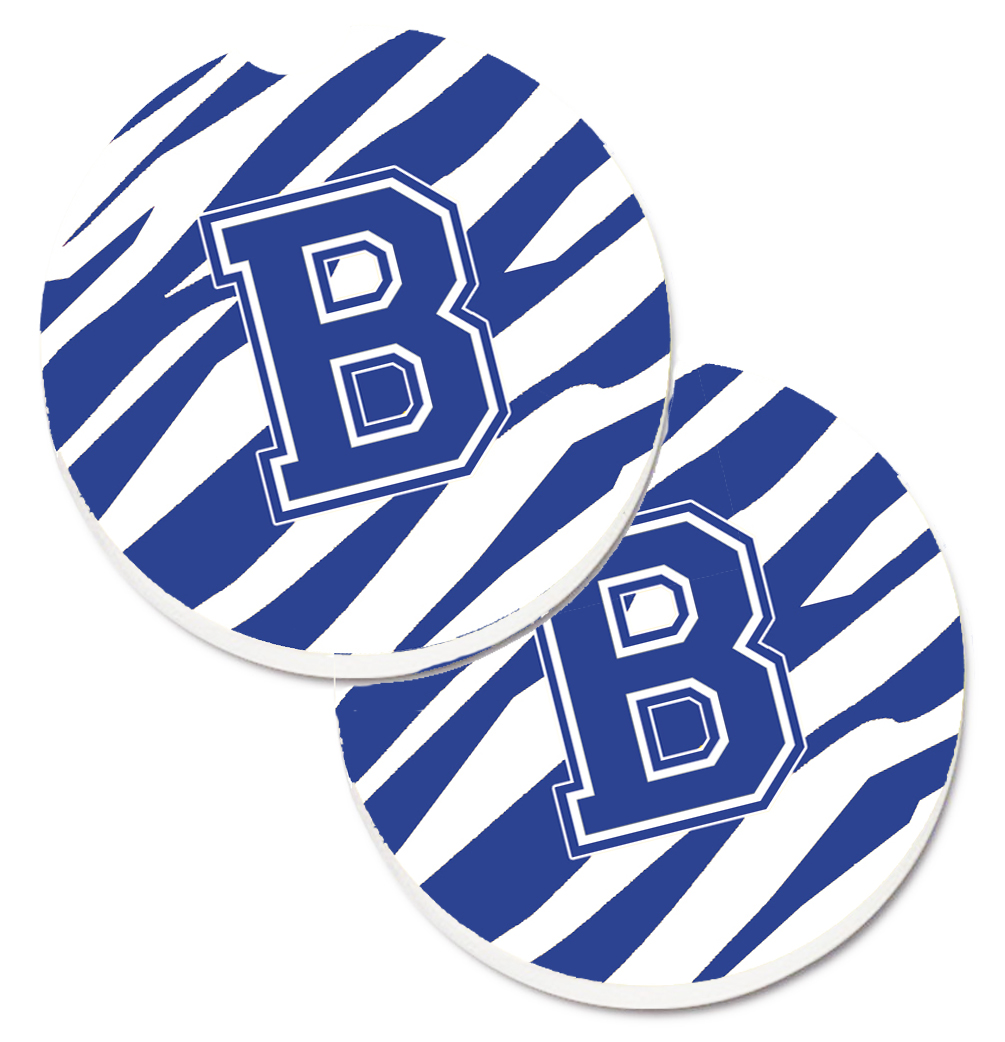 CJ1034-BCARC Monogram Initial B Tiger Stripe Blue & White Set of 2 Cup Holder Car Coaster