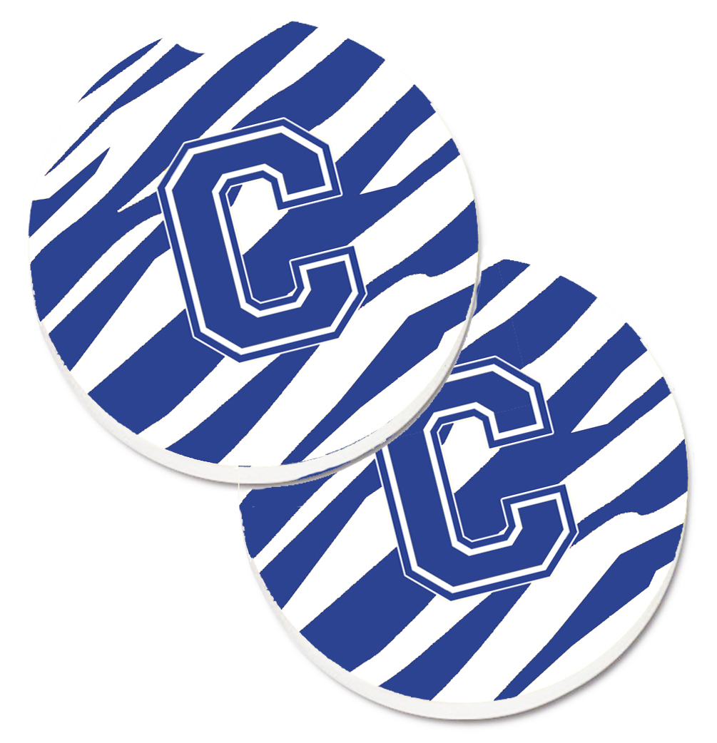 CJ1034-CCARC Monogram Initial C Tiger Stripe Blue & White Set of 2 Cup Holder Car Coaster