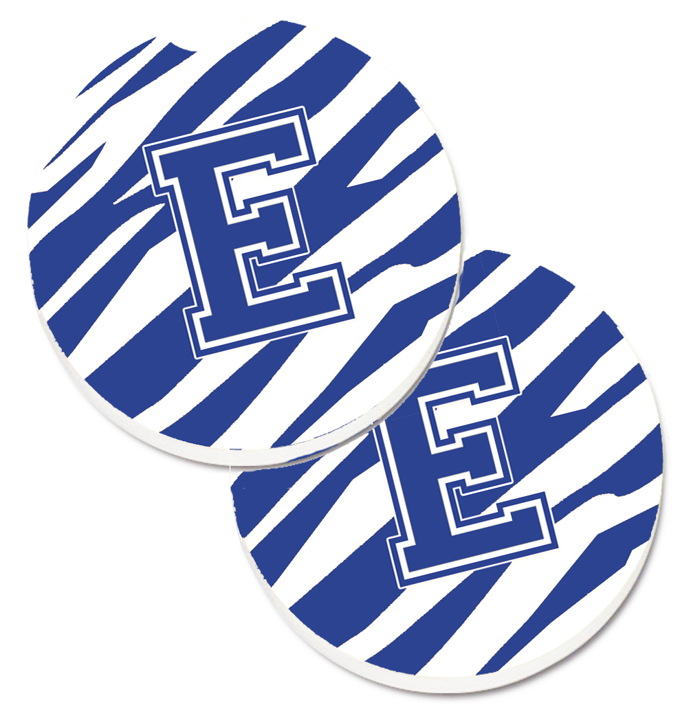 CJ1034-ECARC Monogram Initial E Tiger Stripe Blue & White Set of 2 Cup Holder Car Coaster