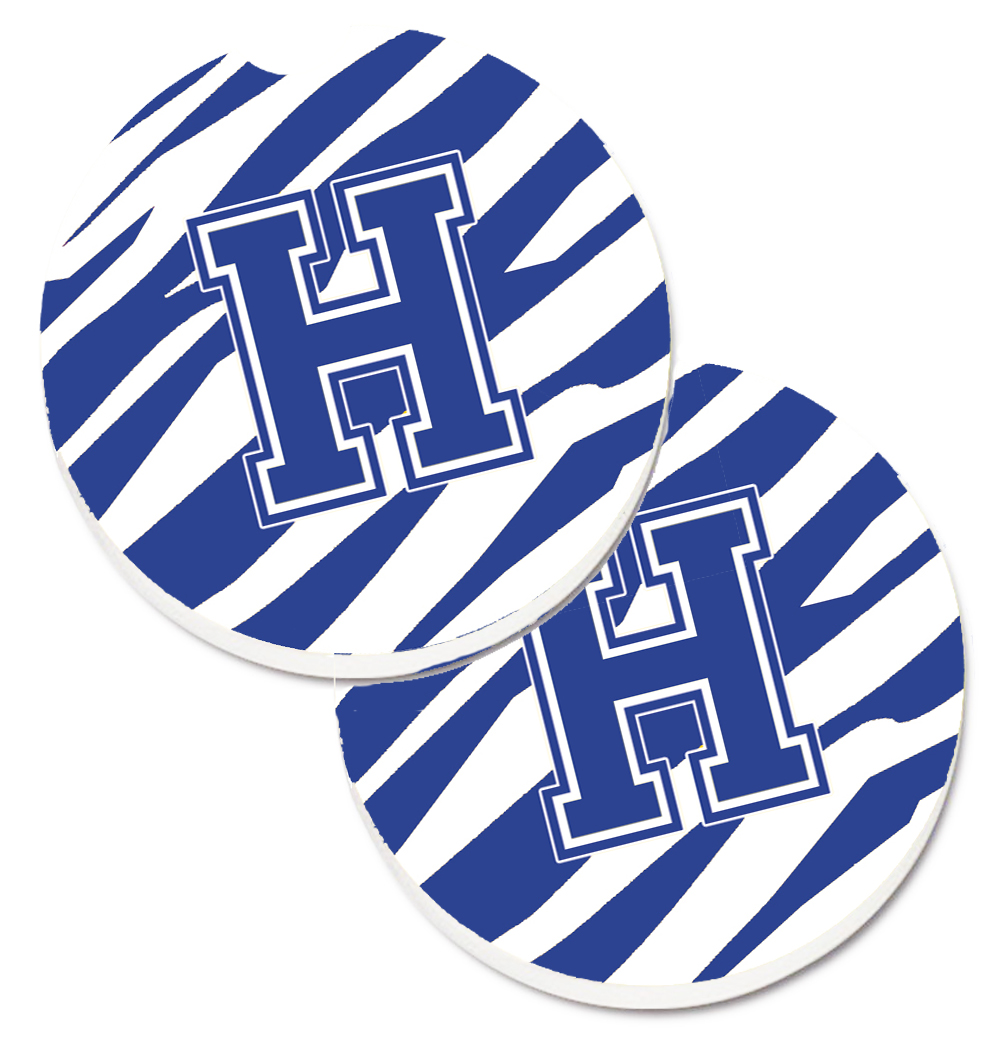 CJ1034-HCARC Monogram Initial H Tiger Stripe Blue & White Set of 2 Cup Holder Car Coaster