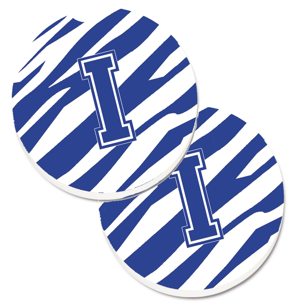 CJ1034-ICARC Monogram Initial I Tiger Stripe Blue & White Set of 2 Cup Holder Car Coaster