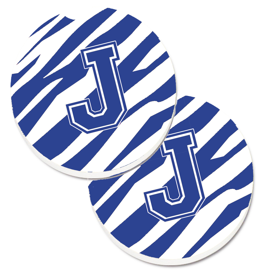 CJ1034-JCARC Monogram Initial J Tiger Stripe Blue & White Set of 2 Cup Holder Car Coaster