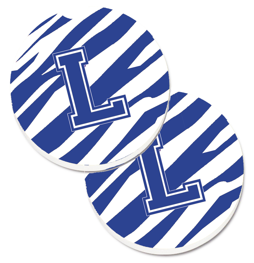CJ1034-LCARC Monogram Initial L Tiger Stripe Blue & White Set of 2 Cup Holder Car Coaster