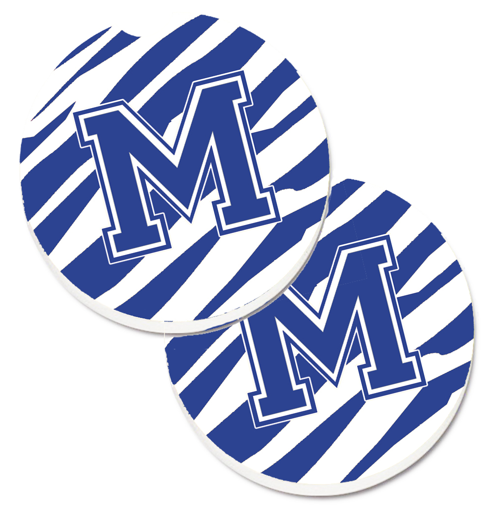 CJ1034-MCARC Monogram Initial M Tiger Stripe Blue & White Set of 2 Cup Holder Car Coaster