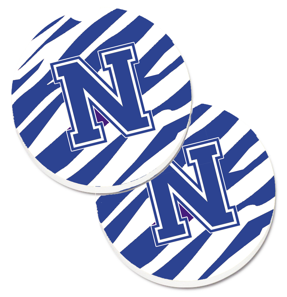 CJ1034-NCARC Monogram Initial N Tiger Stripe Blue & White Set of 2 Cup Holder Car Coaster
