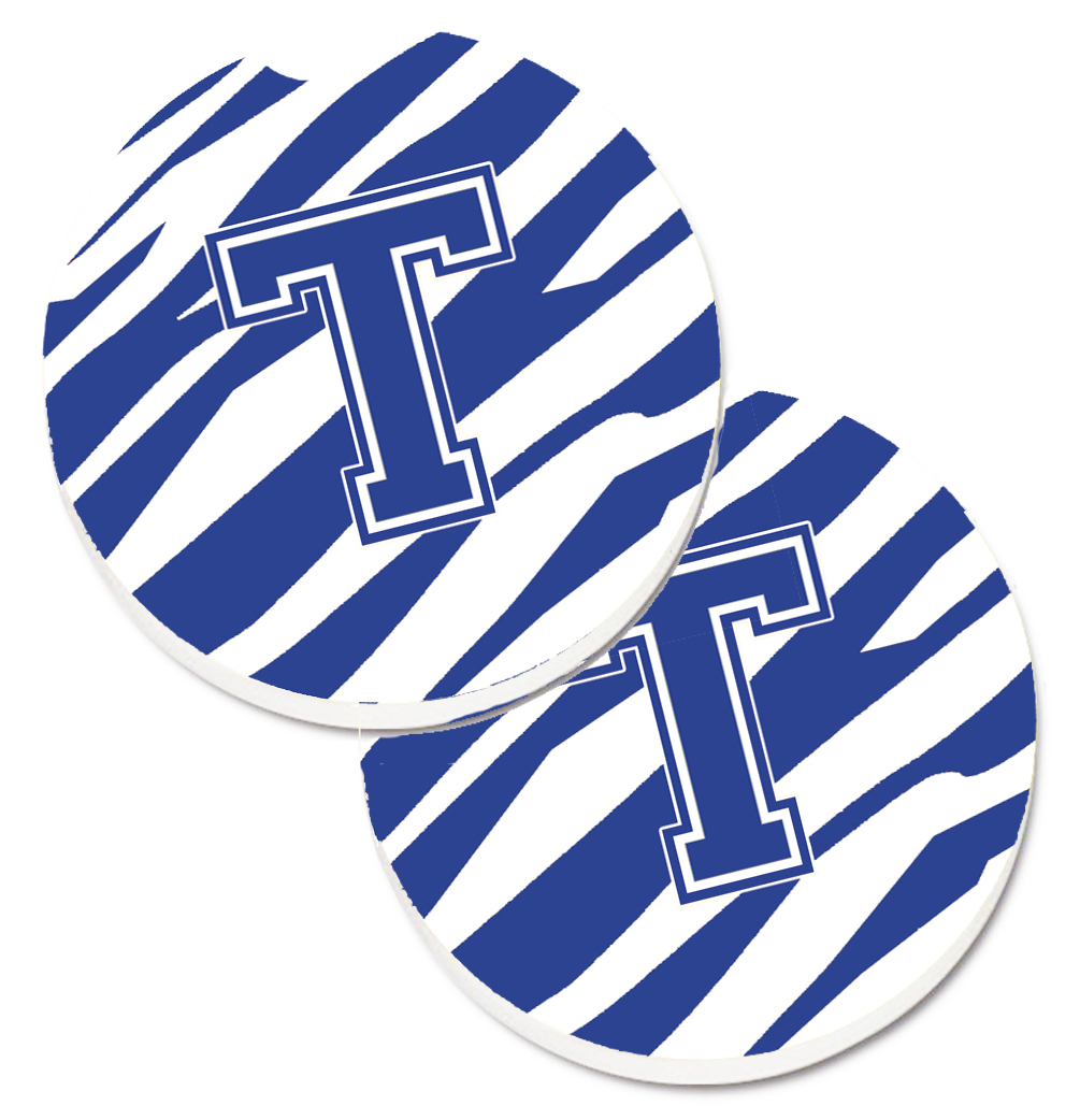 CJ1034-TCARC Monogram Initial T Tiger Stripe Blue & White Set of 2 Cup Holder Car Coaster