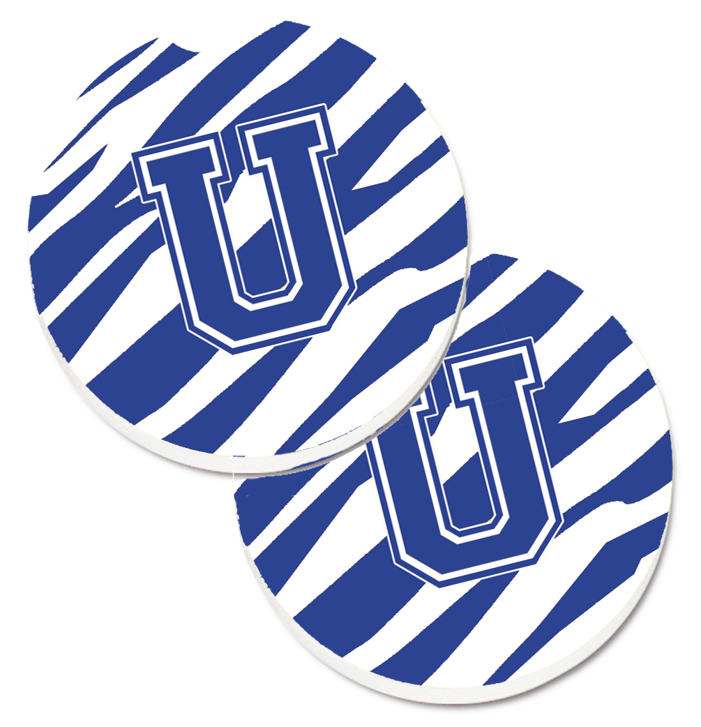 CJ1034-UCARC Monogram Initial U Tiger Stripe Blue & White Set of 2 Cup Holder Car Coaster