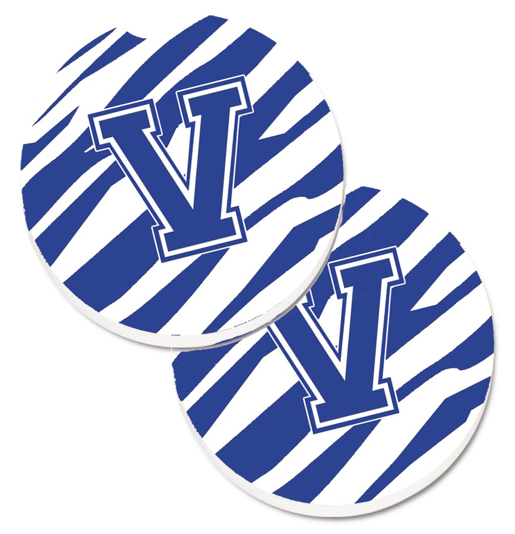 CJ1034-VCARC Monogram Initial V Tiger Stripe Blue & White Set of 2 Cup Holder Car Coaster