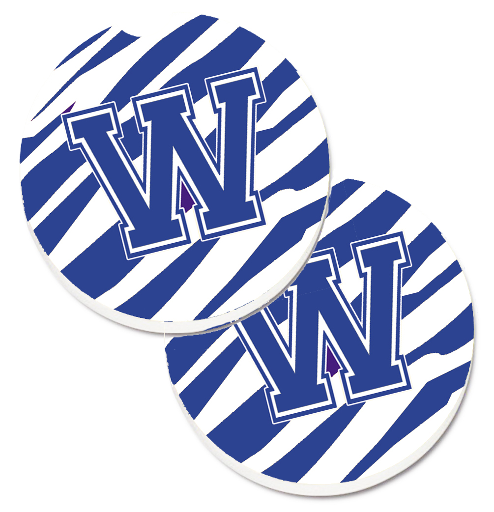 CJ1034-WCARC Monogram Initial W Tiger Stripe Blue & White Set of 2 Cup Holder Car Coaster