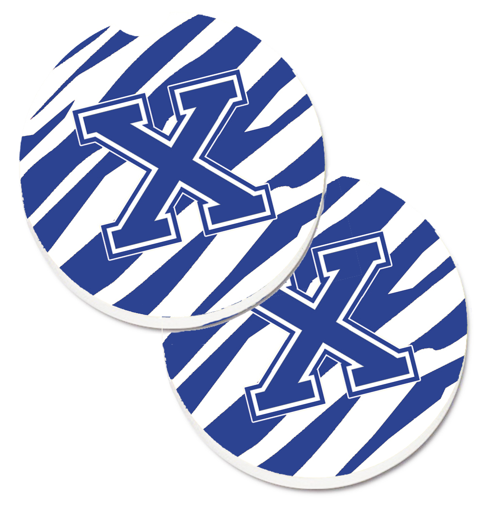CJ1034-XCARC Monogram Initial X Tiger Stripe Blue & White Set of 2 Cup Holder Car Coaster