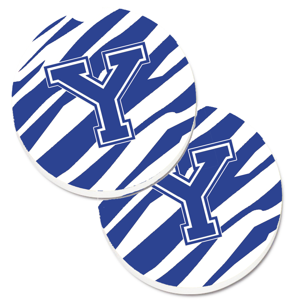 CJ1034-YCARC Monogram Initial Y Tiger Stripe Blue & White Set of 2 Cup Holder Car Coaster