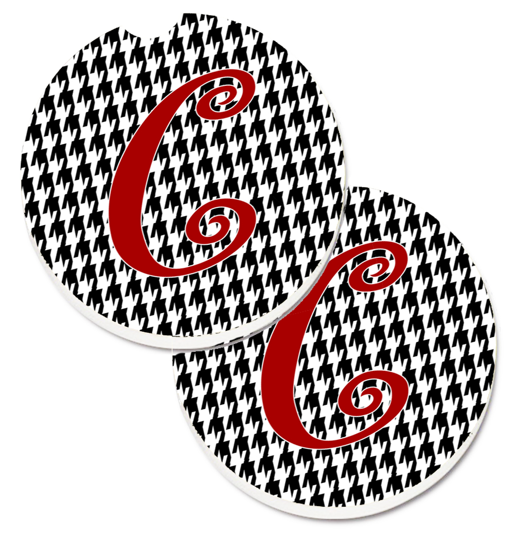 CJ1035-CCARC Monogram Initial C Houndstooth Black Set of 2 Cup Holder Car Coaster