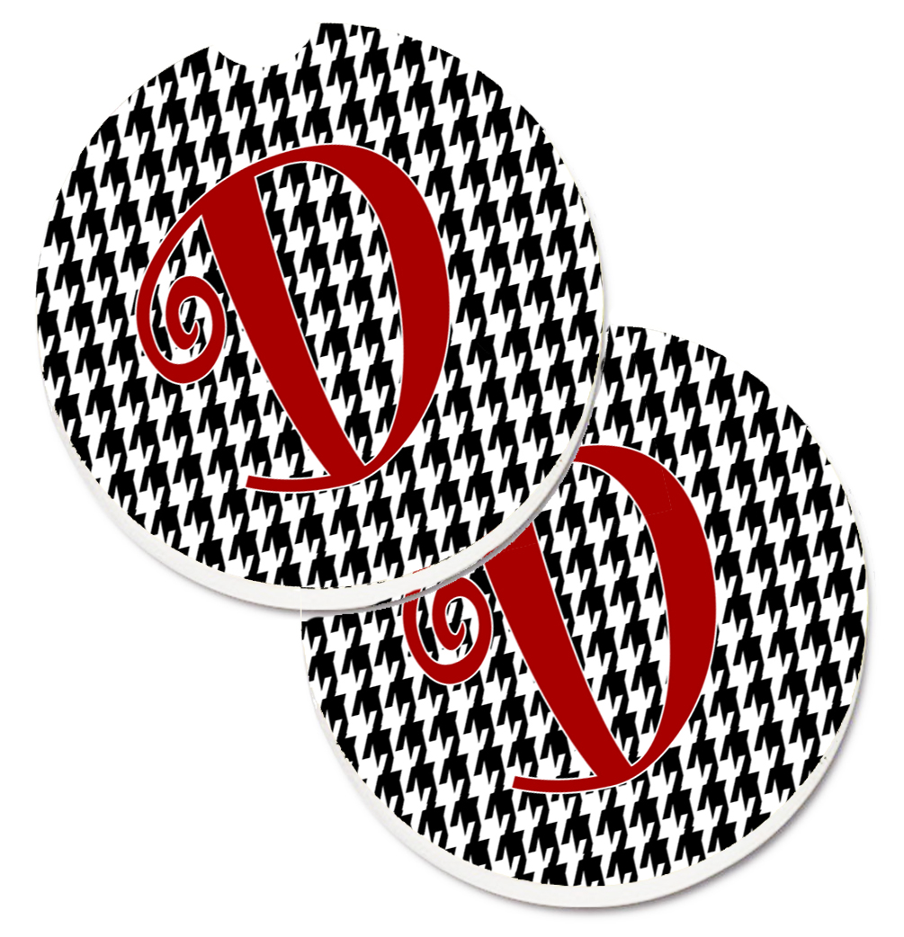 CJ1035-DCARC Monogram Initial D Houndstooth Black Set of 2 Cup Holder Car Coaster