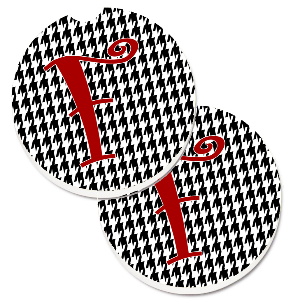 CJ1035-FCARC Monogram Initial F Houndstooth Black Set of 2 Cup Holder Car Coaster