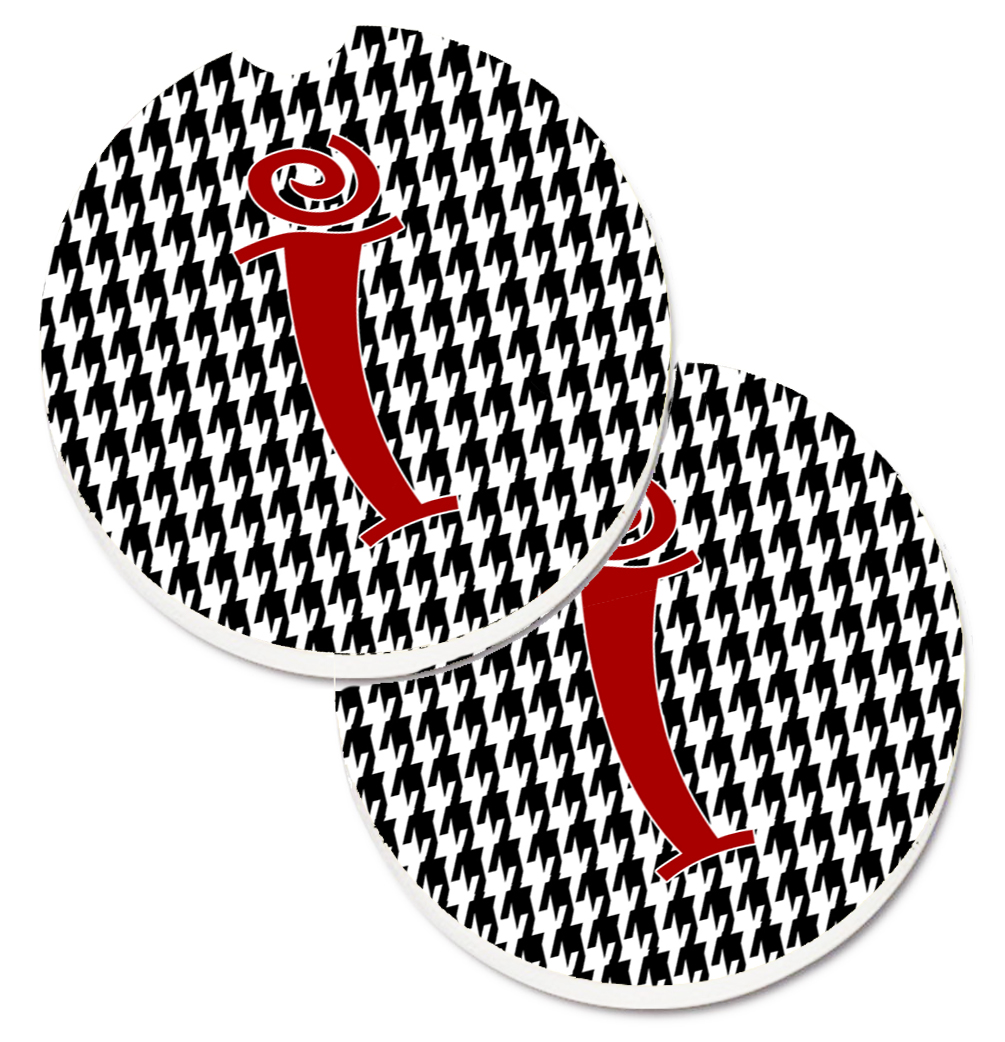 CJ1035-ICARC Monogram Initial I Houndstooth Black Set of 2 Cup Holder Car Coaster