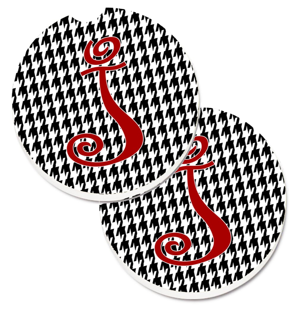 CJ1035-JCARC Monogram Initial J Houndstooth Black Set of 2 Cup Holder Car Coaster