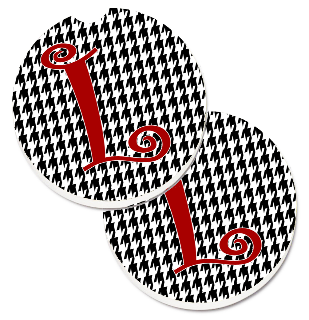 CJ1035-LCARC Monogram Initial L Houndstooth Black Set of 2 Cup Holder Car Coaster