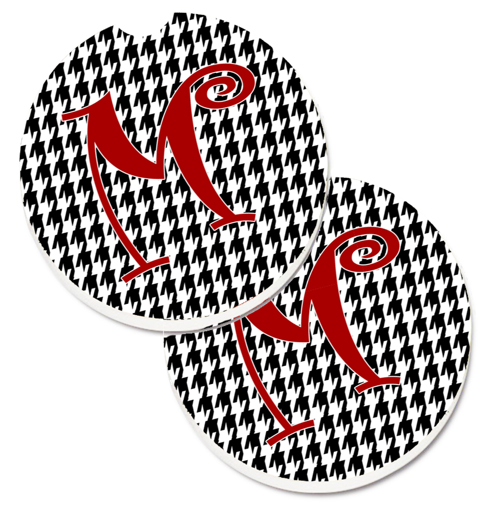 CJ1035-MCARC Monogram Initial M Houndstooth Black Set of 2 Cup Holder Car Coaster