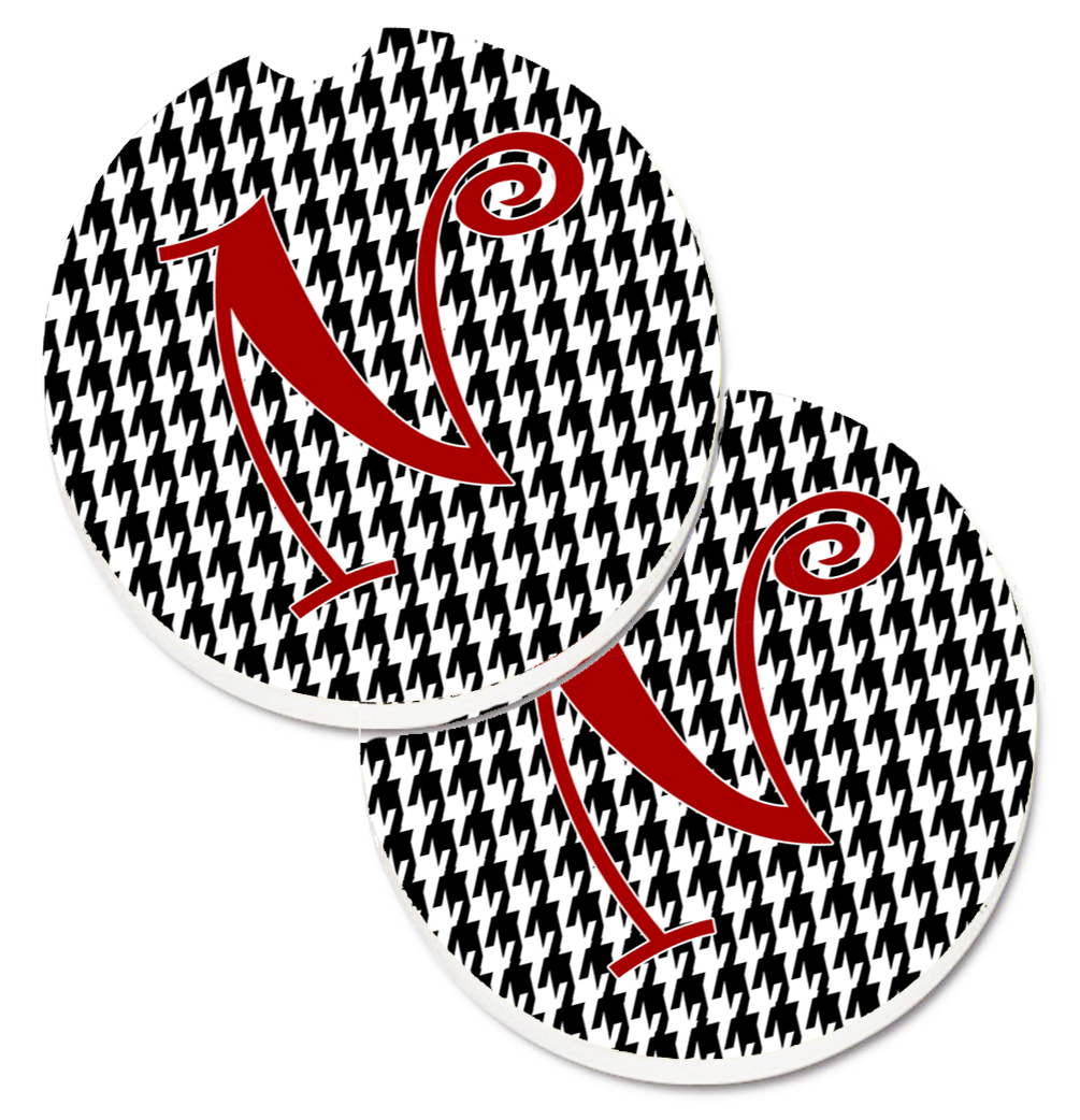 CJ1035-NCARC Monogram Initial N Houndstooth Black Set of 2 Cup Holder Car Coaster