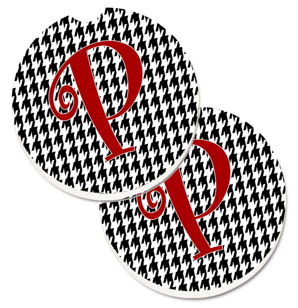 CJ1035-PCARC Monogram Initial P Houndstooth Black Set of 2 Cup Holder Car Coaster