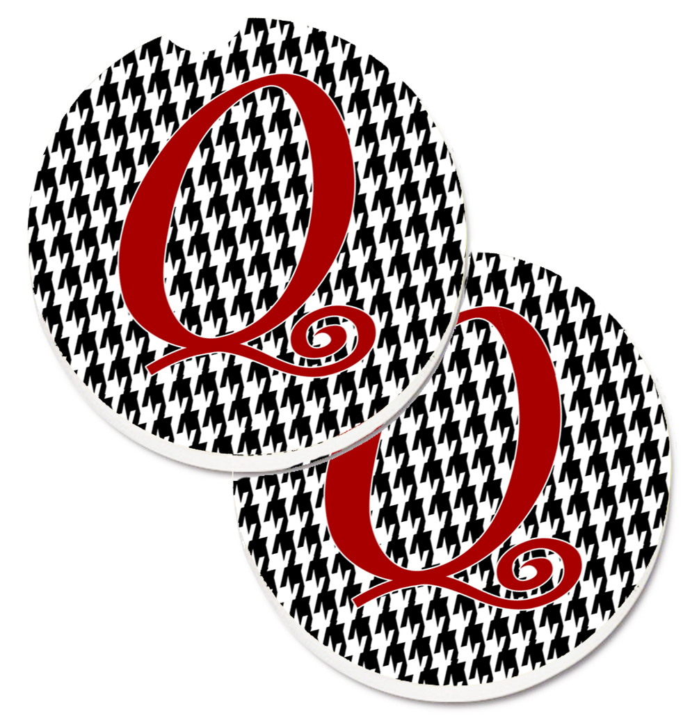 CJ1035-QCARC Monogram Initial Q Houndstooth Black Set of 2 Cup Holder Car Coaster