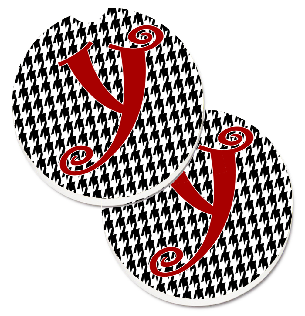 CJ1035-YCARC Monogram Initial Y Houndstooth Black Set of 2 Cup Holder Car Coaster