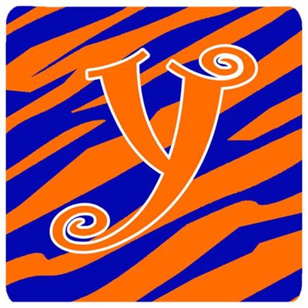 CJ1036-YCARC Monogram Initial Y Tiger Stripe Blue & Orange Set of 2 Cup Holder Car Coaster