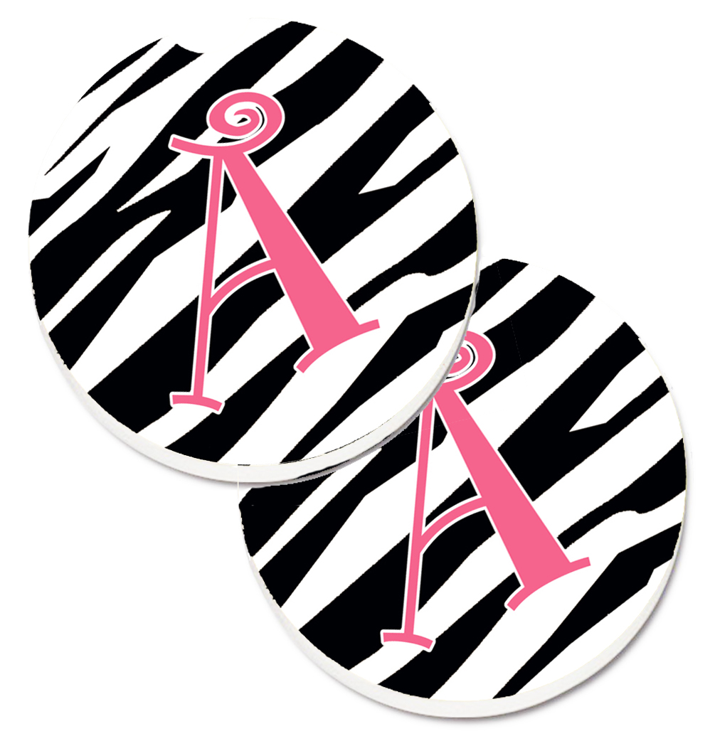 CJ1037-ACARC Letter A Monogram Zebra Stripe & Pink Set of 2 Cup Holder Car Coaster