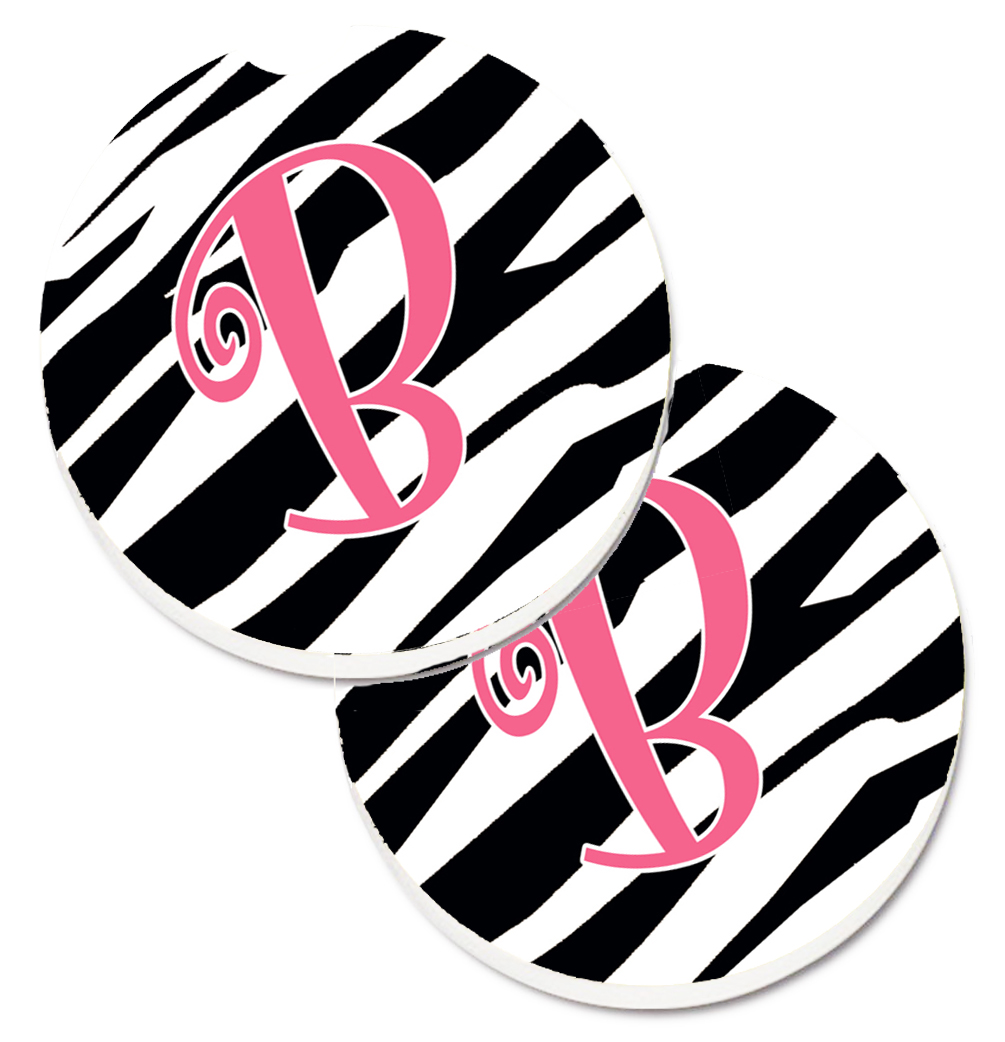 CJ1037-BCARC Monogram Initial B Zebra Stripe & Pink Set of 2 Cup Holder Car Coaster