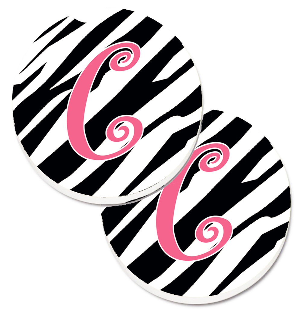 CJ1037-CCARC Monogram Initial C Zebra Stripe & Pink Set of 2 Cup Holder Car Coaster