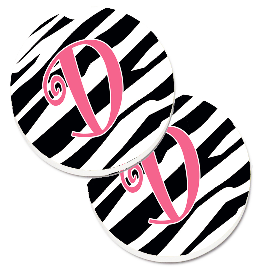 CJ1037-DCARC Monogram Initial D Zebra Stripe & Pink Set of 2 Cup Holder Car Coaster