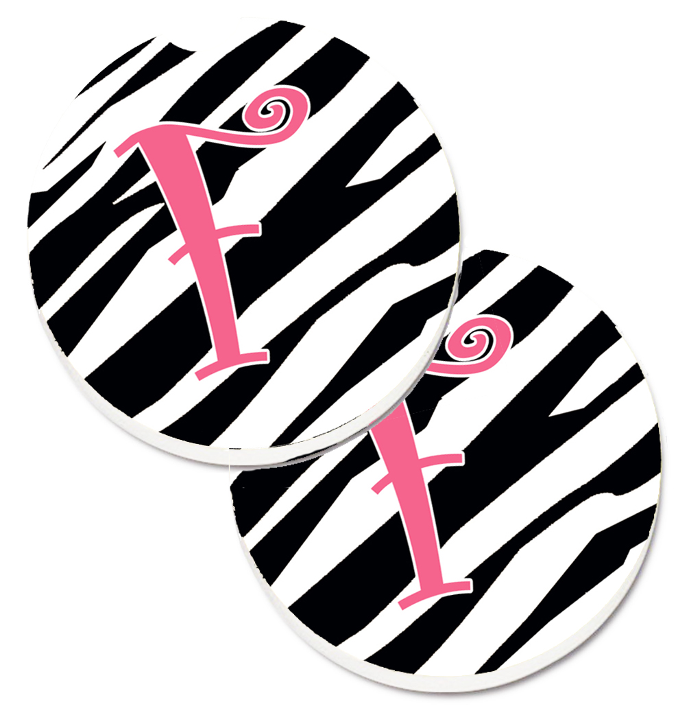 CJ1037-FCARC Monogram Initial F Zebra Stripe & Pink Set of 2 Cup Holder Car Coaster