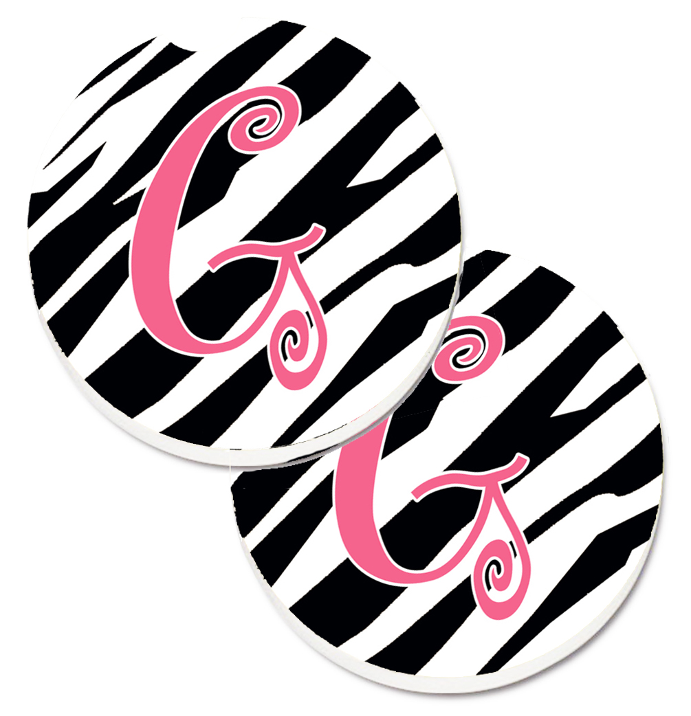 CJ1037-GCARC Monogram Initial G Zebra Stripe & Pink Set of 2 Cup Holder Car Coaster