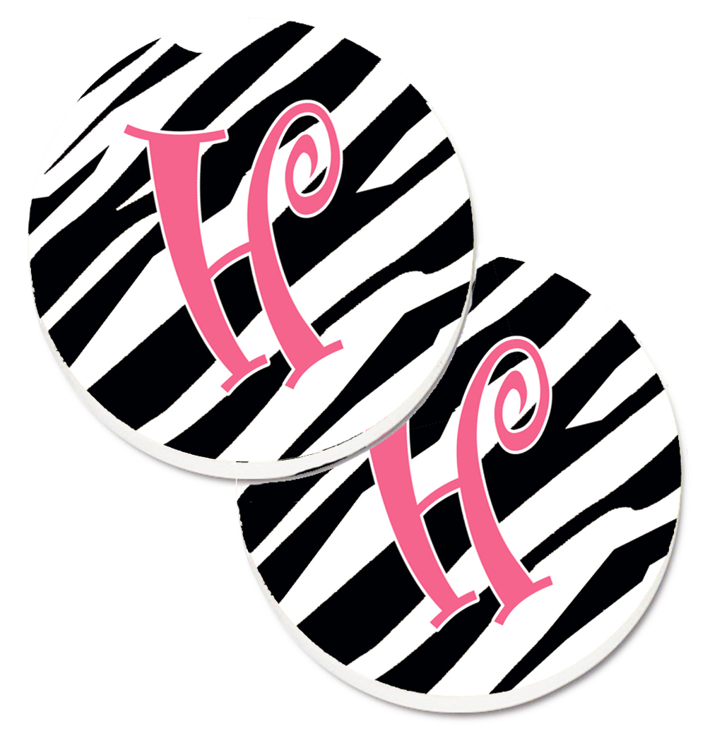 CJ1037-HCARC Monogram Initial H Zebra Stripe & Pink Set of 2 Cup Holder Car Coaster