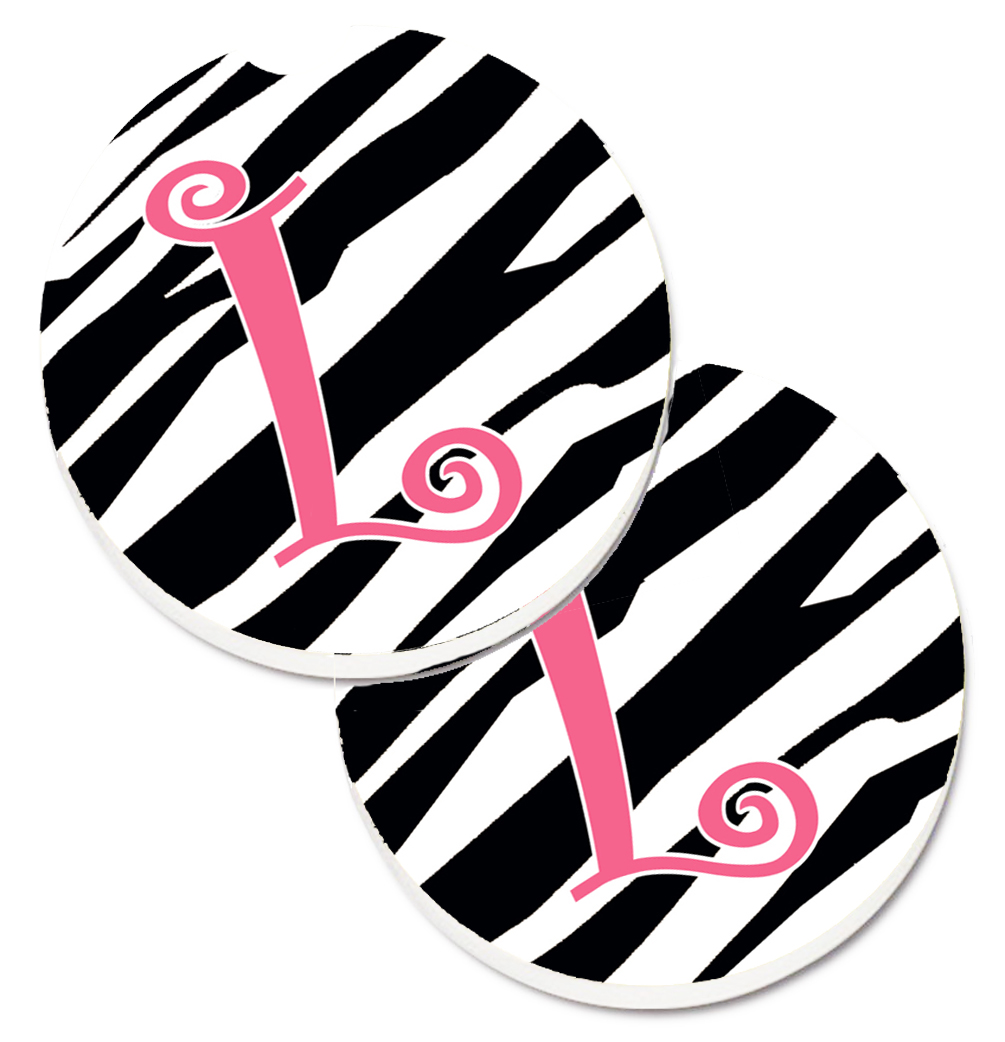 CJ1037-LCARC Monogram Initial L Zebra Stripe & Pink Set of 2 Cup Holder Car Coaster