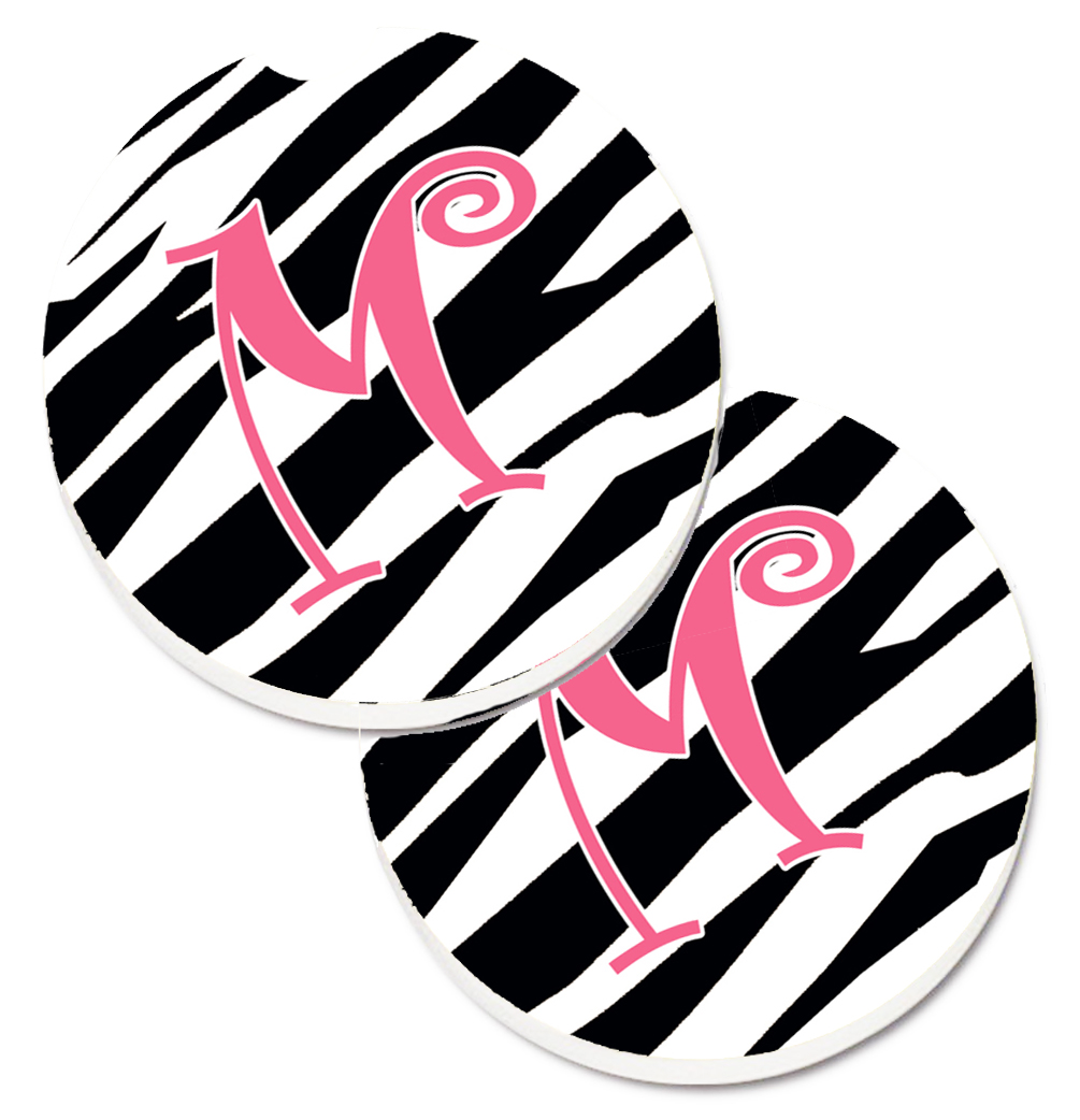 CJ1037-MCARC Monogram Initial M Zebra Stripe & Pink Set of 2 Cup Holder Car Coaster