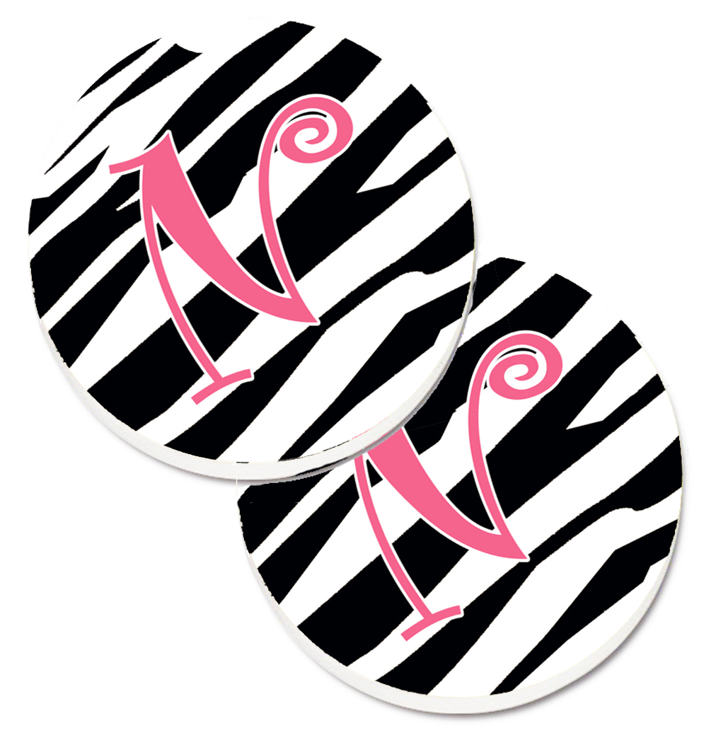 CJ1037-NCARC Monogram Initial N Zebra Stripe & Pink Set of 2 Cup Holder Car Coaster